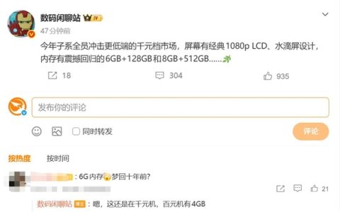千元机倒退至6GB内存！网友吐槽梦回十年前