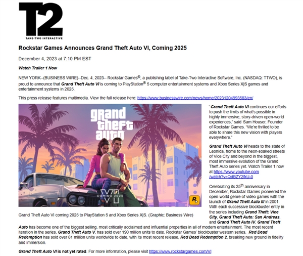 T2确认《GTA6》首发登陆PS5、XSX/S！PC预计2026年上线-图2