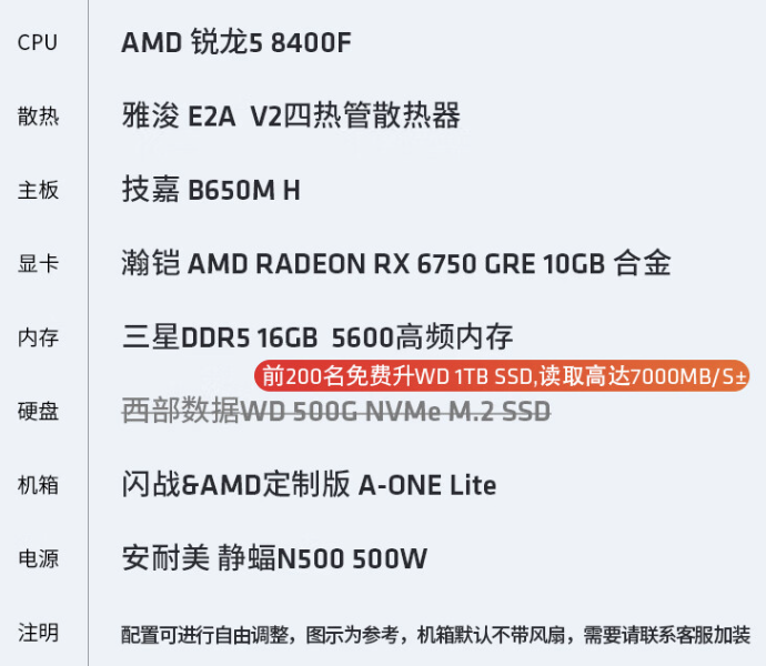 AMD AM5 台式主机配置上新：R5-8400F + 16GB + 1TB + RX6750GRE，3999 元起
