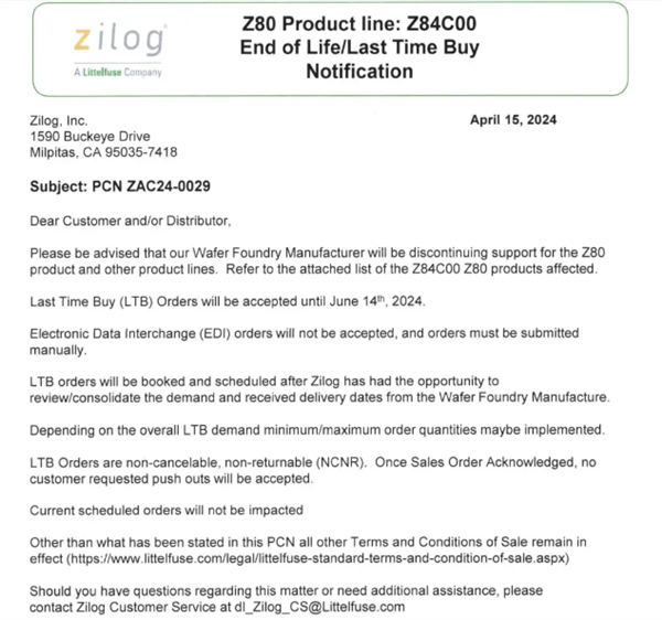 已生产近50年！传奇芯片Z80将于今年6月停产