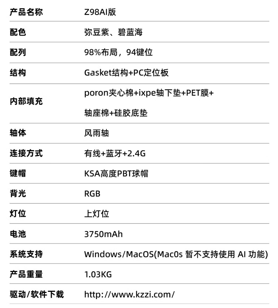 珂芝 Z98AI 三模机械键盘上架：主打人工智能功能、Gasket 结构，599 元